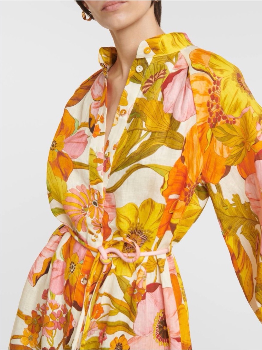 Alemais Floral Long-Sleeve Button-Front Dress in Yellow, Pink & Orange